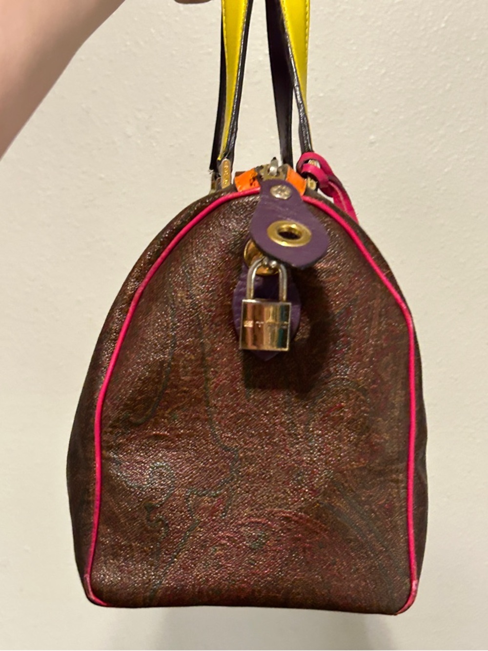 ETRO Paisley Multicolor Colorblock Boston Speedy Bag w/ Lock & Key + Luggage Tag - Picture 5 of 16